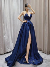 Vintage A-Line V Neck Satin Dark Blue Long Evening Prom Dresses, Blue Long Formal Dresses